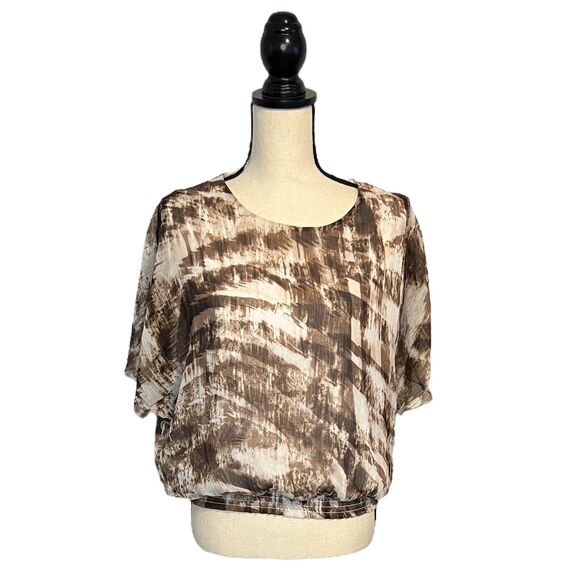 Allison Daley Petites Semi Sheer Cream Brown Abstract Print Blouse Large - Picture 2 of 7